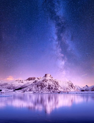 mountain ridge and reflection in the lake. natural landscape in the norway