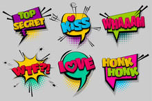 Whaam WTF Kiss Love Pop Set Hand Drawn Pictures Effects Template Comics Speech Bubble Halftone Dot Background Pop Art Style. Comic Dialog Cloud. Idea Conversation Sketch Explosion.