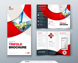 Wall Mural - Tri fold brochure design with circle, corporate business template for tri fold flyer. Layout with modern photo and abstract circle background. Creative concept folded flyer or brochure.