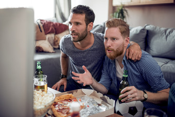 Poster - Friends enjoying soccer on TV