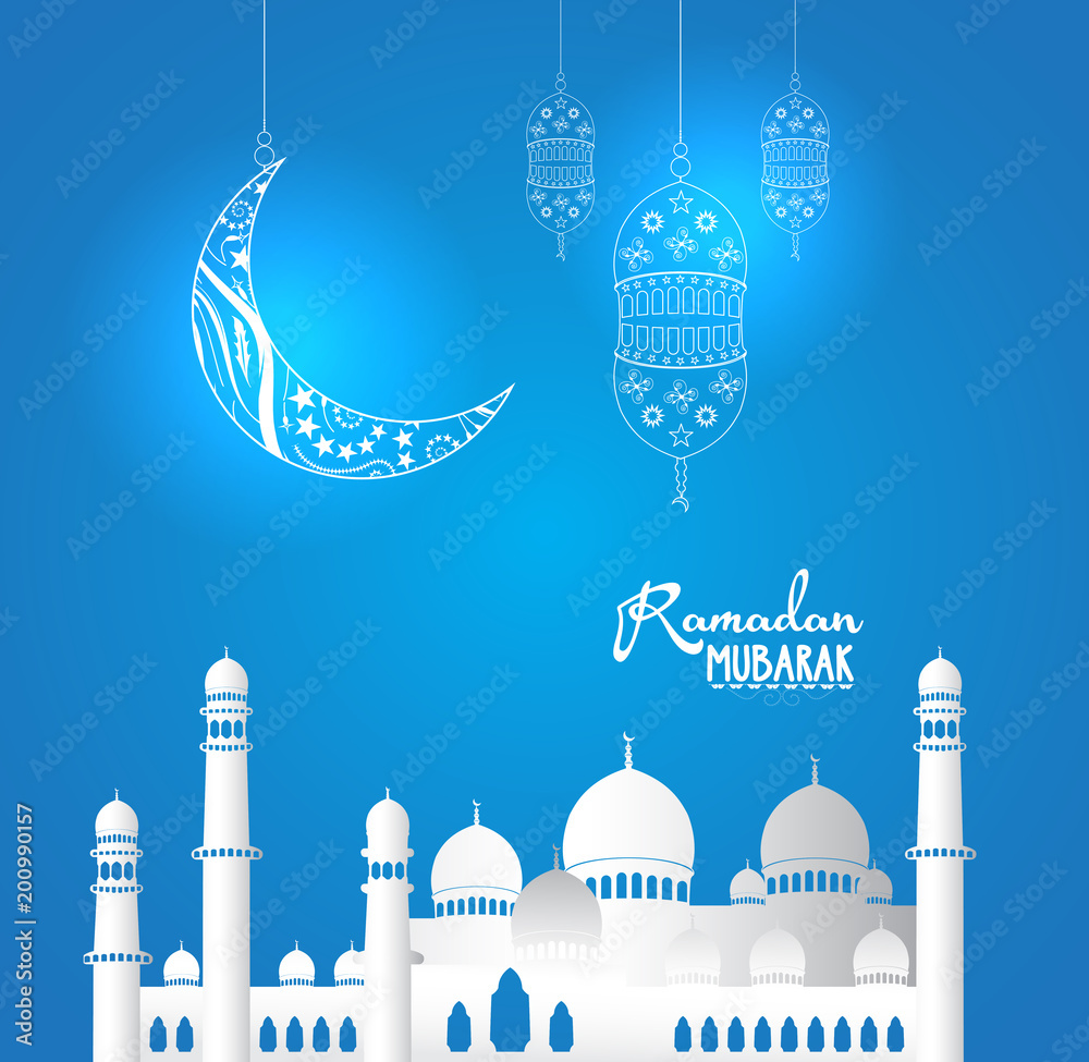 Crescent moon and silhouette mosque for ramadan background Stock Vector ...