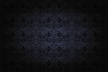 vintage Gothic background in dark grey and black with classic Baroque pattern, Rococo with darkened edges