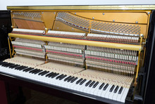 Internal Parts Of A Black Upright Piano - Keyboard, Mechanics And Strings, Front View