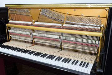 Internal parts of a black upright piano - keyboard, mechanics and strings, front view