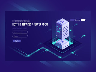 Hosting services, data center, server server room, template of page on information technologies theme sometric vector illustration ultraviolet