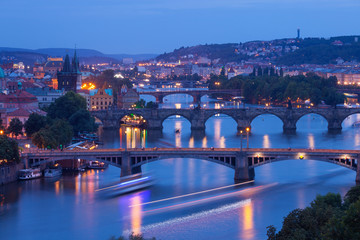 Wall Mural - View of the Vltava River and the bridges at night, Prague, the Czech Republic