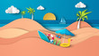 © ibom - Sea view in summer with water play equipment placed on the beach. view of the blue sea. summer time. sea with beach. paper cut and craft style. vector, illustration.