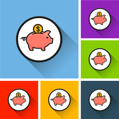 Sticker - piggy bank icons with long shadow