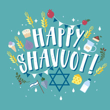 Fresh Dairy Products Milk, Cheese , Wheat, Fruits Apple, Pomegranate, Figs , Cheesecake, Olives. Concept Of Judaic Holiday Shavuot. Happy Shavuot In Hebrew. Israel Holiday