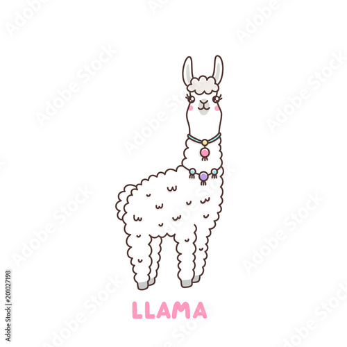 Character Kawaii Cute Llama With A Smile On A White Background