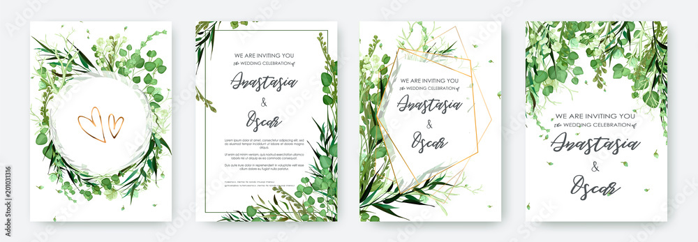 Wedding invitation frame set; flowers, leaves, watercolor, isolated on white. Sketched wreath, floral and herbs garland with green, greenery color. Handdrawn Vector Watercolour style, nature art. - obrazy, fototapety, plakaty 
