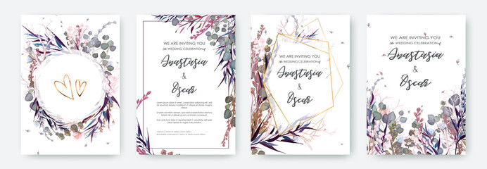 wedding invitation frame set; flowers, leaves, watercolor, isolated on white. sketched wreath, flora