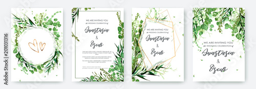 Wektor: Wedding invitation frame set; flowers, leaves, watercolor, isolated on white. Sketched wreath, floral and herbs garland with green, greenery color. Handdrawn Vector Watercolour style, nature art. Wedding invitation frame set; flowers, leaves, watercolor, isolated on white. Sketched wreath, floral and herbs garland with green, greenery color. Handdrawn Vector Watercolour style, nature art.