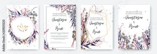 Fotografía Wedding invitation frame set; flowers, leaves, watercolor, isolated on white