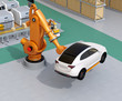 Orange heavyweight robotic arm carrying white SUV in the assembly factory. 3D rendering image.