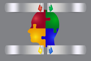 Sticker - Four stainless steel horizontal  labels with colorful puzzle decor around puzzle man head on the gray background ready for your text.