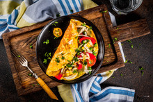 Healthy Breakfast Food, Stuffed Egg Omelette With Vegetable, Dark Concrete Background Copy Space Top View