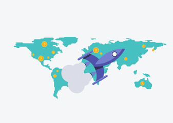  Bitcoins worldwide with map on the background and rocket flying. Bitcoin trading concept.