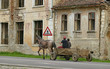 Romania, horse-drawn vehicle in front of a ruinous house