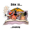 Woman is smoking big cigarette on bed while man smoking a small one