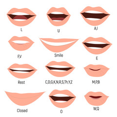 female mouth animation. phoneme mouth chart. alphabet prononciation