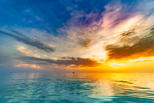 Calm Sea Ocean Blue Sky Background. Zen Background, Inspirational Sky Clouds Background. Natural Sunset, Sea, Background Horizon, Sea Sunset View. 