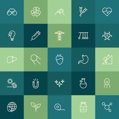 Modern Simple Set of health, science, nature Vector outline Icons. ..Contains such Icons as  laboratory,  zoom, sunrise,  pharmacy,  summer and more on green background. Fully Editable. Pixel Perfect.