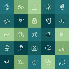 Modern Simple Set of health, science, nature Vector outline Icons. ..Contains such Icons as meter,  green,  sky,  galaxy, water,  balance and more on green background. Fully Editable. Pixel Perfect.