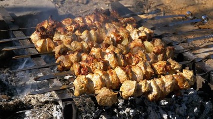 Wall Mural - Preparing Shish Kebabs on Skewers over a Fire in Nature. Slow Motion in 96 fps. Cooking kebabs on skewers over a fire in the countryside in the village. Raw meat is cooked on charcoal grill