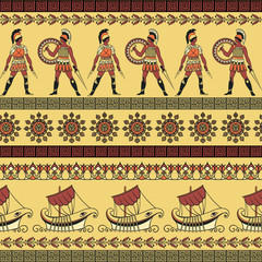 Seamless pattern with ancient greek ships, fighting people and ornament. Traditional ethnic background. Vintage vector illustration 