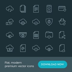 Poster - Modern Simple Set of cloud and networking, security, files Vector outline Icons. ..Contains such Icons as  information,  plastic,  file and more on dark background. Fully Editable. Pixel Perfect.
