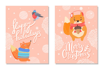 Sticker - Happy Holidays Greeting Card with Squirrels Acorn