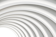Architectural Vector 3d Background. A Modern White Concrete Arched Ceiling In Perspective. The Same Semicircular Shape. The Light In The End.
