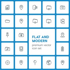 Poster - Modern Simple Set of location, folder, mobile Vector outline Icons. ..Contains such Icons as paper,  leaflet,  transportation,  power,  card and more on dark background. Fully Editable. Pixel Perfect