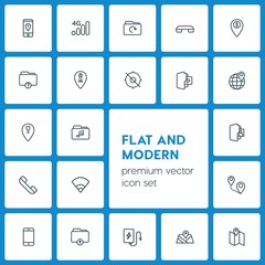 Poster - Modern Simple Set of location, folder, mobile Vector outline Icons. ..Contains such Icons as  technology,  telephone, route,  icon, folder and more on dark background. Fully Editable. Pixel Perfect