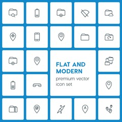 Poster - Modern Simple Set of location, folder, mobile Vector outline Icons. ..Contains such Icons as folder,  zip,  network,  telephone,  airplane and more on dark background. Fully Editable. Pixel Perfect
