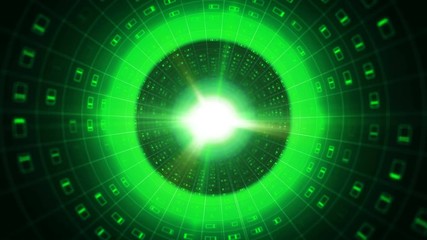 Poster - A science fiction 3d rendering of sparkling green spheres flying in a dark pipe with small rectangles resembling emails. The dark vortex center looks like a time portal.