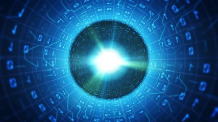 Poster - A futuristic 3d rendering of a moving blue binary pipe with small rectangles resembling emails. The sparkling white spot is located in the vortex center