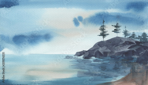 Tryptyki  akwarelowy-krajobraz-morza-skaly-sosny-na-tle-nieba-stomii-recznie-rysowane-ilustracji