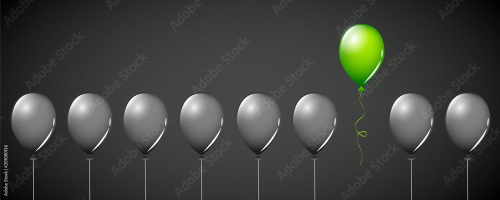 ein grüner luftballon unter vielen schwarzen - obrazy, fototapety, plakaty 