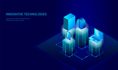 Wall Mural - Isometric artificial intelligence business concept. Blue glowing isometric personal information data connection pc smartphone human brain future technology. 3D infographic vector illustration