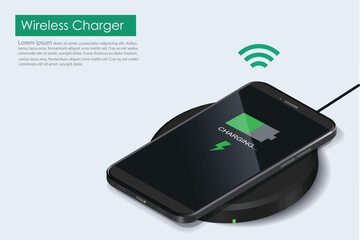 Wireless Charger infographic. Realistic modern black smartphone isolated, borderless and no home button. Charging battery on charging pad. Wireless charging technology concept on white background.