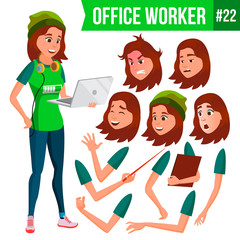 Wall Mural - Office Worker Vector. Woman. Businessman Human. Lady Face Emotions, Various Gestures. Animation Creation Set. Isolated Flat Cartoon Character Illustration