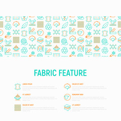  Fabric feature concept with thin line icons: leather, textile, cotton, wool, waterproof, acrylic, silk, eco-friendly material, breathable material. Modern vector illustration, web page template.