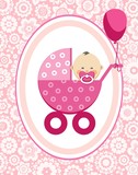 Fototapeta  - Little girl, Asia, greeting card, floral background, vector.  A little girl in a pink stroller. A pink balloon is tied to the stroller. Color, flat card. Congratulation. 