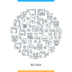 Fototapete - Big data technology concept. Modern icons on theme storage, analysis, organization, synchronization and data transfer. Thin line design icons collection. Vector illustration