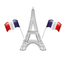 Sticker - france tower eiffel two flag waving vector illustration