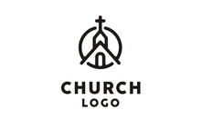 Church Building With Catholic Christian Cross Symbol Logo