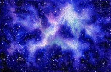 Watercolor Blue Nebula and Outer Space