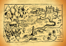 Old Style Hand Drawn A Map With Landscapes, Mountains, Forest, Sea. Grunge Vector "Treasure Map" With Lots Of Decoration With Incredible Details.